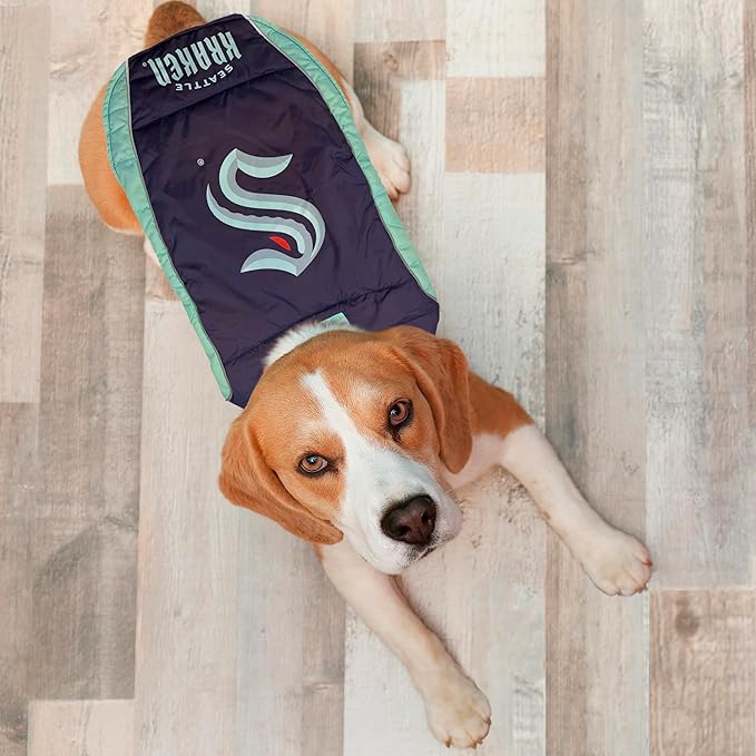 Pets First NHL Seattle Kraken Puffer Vest for Dogs & Cats, Size Small.Warm, Cozy, and Waterproof Dog Coat, for Small and Large Dogs/Cats. Best NHL Licensed PET Warming Sports Jacket