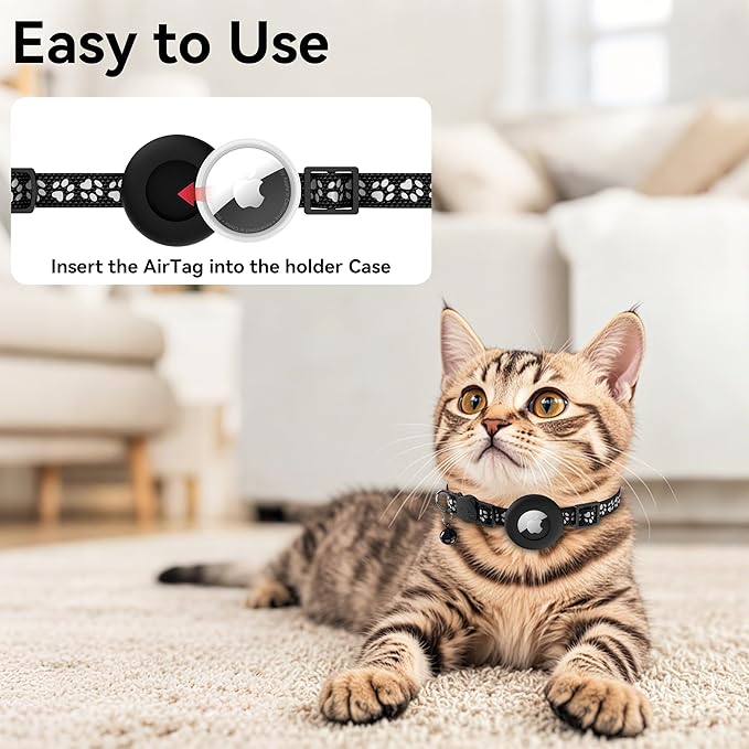 Airtag Cat Collar Breakaway, Adjustable Reflective Kitten Cat Collar with Apple AirTag Holder and Bell for Cats and Puppies (Black with Footprints)