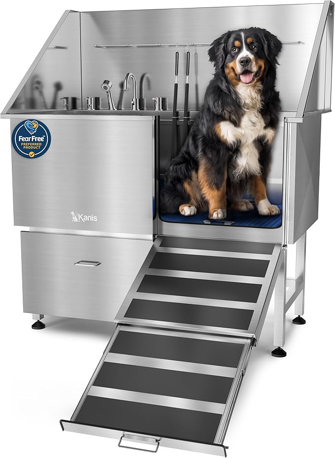 KANIS Professional Dog Washing Station 304 Stainless Steel Pet Wash Sink & Grooming Bathtub w/Shower, Floor Grates and Storage for Large, Medium & Small Pets (Silver, 50 Inches, Right Ramp, 1 Drawer)