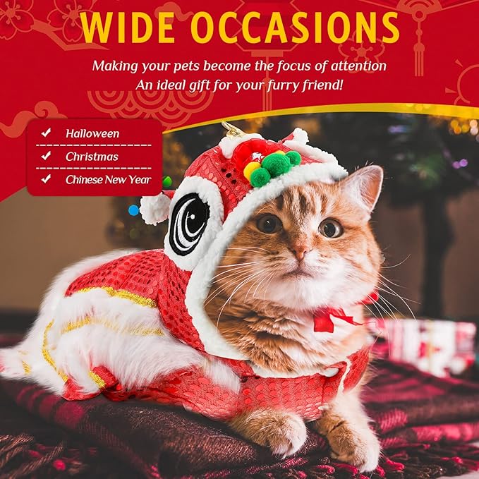 LEIFIDE Lion Dance Dog Costume Chinese New Year Pet Costume with Sequins Chinese Lion Dance Cloth Dog Clothes Hoodies Coat for pet New Year Spring Festival Dress up(Large,Red)
