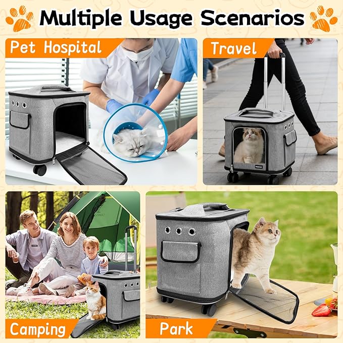 Pet Carrier with Wheels,Rolling Cat Carrier with Adjustable Pull Rod for Travel,Outdoor Use,Airline Approved Dog Carrier with Handle,Gray