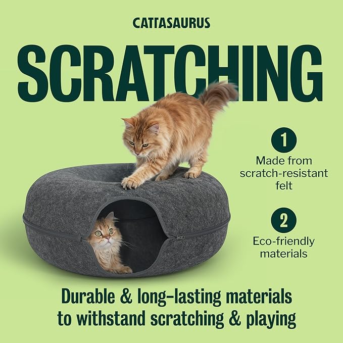 Cattasaurus Peekaboo Cat Cave Duo Jumbo Set, Extra Spacious Cat Donut for Multiple & Large Kitty 15+ lbs, Scratch Detachable Cat Beds for Indoor Cats, Washable Cat Tunnel Bed, Best Kitten Toys