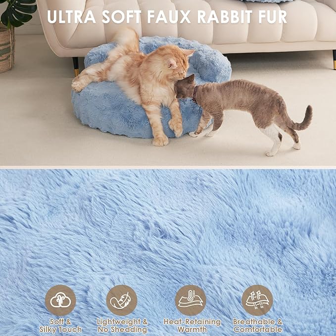 EHEYCIGA Soft Cat Couch Bed for Indoor Cats, Fluffy Small Dog Bed with Removable Washable Cover, Bolster Pet Sofa, Waterproof and Non-Slip, 23" x 23"x 7", Blue
