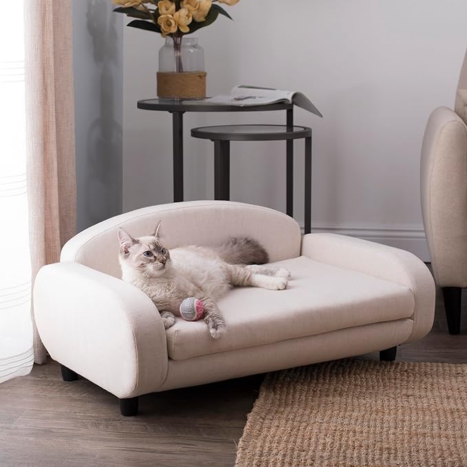Paws & Purrs Cat Sofa Bed, Pet Couch for Indoor Cats Elevated Cat Beds with Removable Washable Mattress Cover for Kitten, Puppy or Small Animal- 31.5" Wide, Oatmeal
