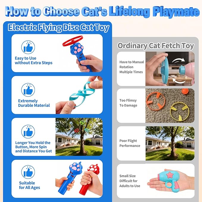 BABORUI Cat Toy Disc Launcher, Rechargeable Interactive Cat Fetch Toy Launcher with 8 Flying Discs, Flying Enrichment Toys for Indoor Bored Kittens & Adult Cats (Blue)