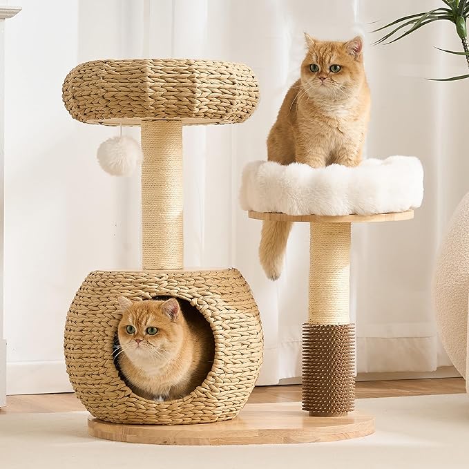 Modern Cat Tree Tower for Indoor Cats, 30" Solid Wood & Rattan Cat Tree Tower with Scratching Posts & Self-Groomer, Super Soft Plush Bed, Hand-Made Wicker Cat Bed Cave for Small to Medium Cats
