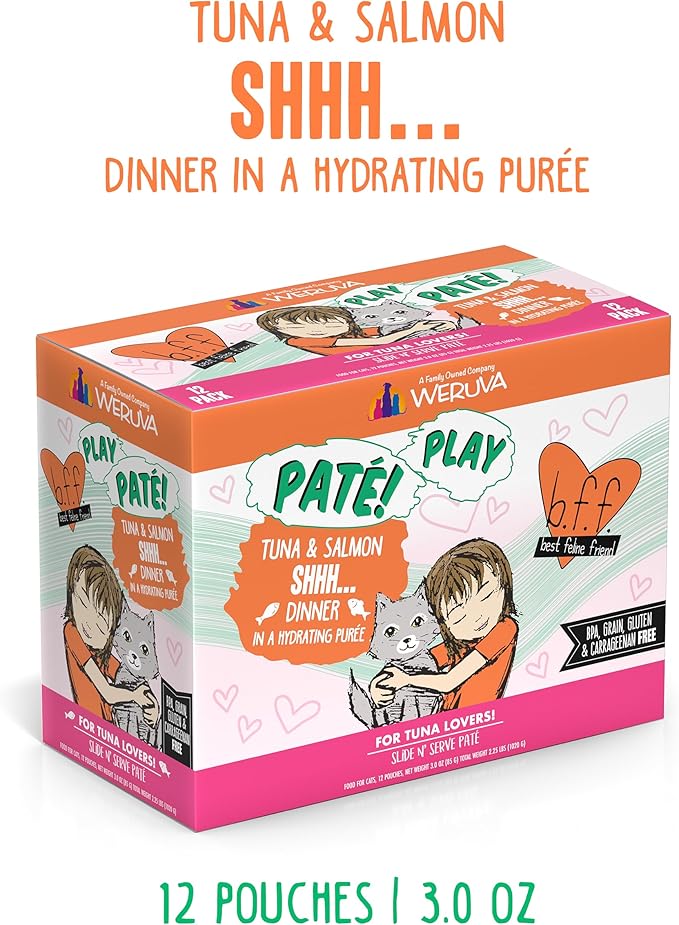 Weruva B.F.F. Play - Best Feline Friend Paté Lovers, Aw Yeah!, Tuna & Salmon Shhh... with Tuna & Salmon, 3oz Pouch (Pack of 12)