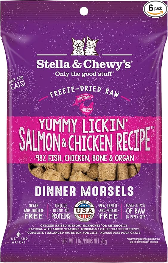 Stella & Chewy's Freeze-Dried Raw Cat Dinner Morsels - Premium Salmon & Chicken Recipe with 98% Wild-Caught & Cage-Free Protein - Natural Grain-Free Cat & Kitten Food - Made in USA - 1 oz (Pack of 6)