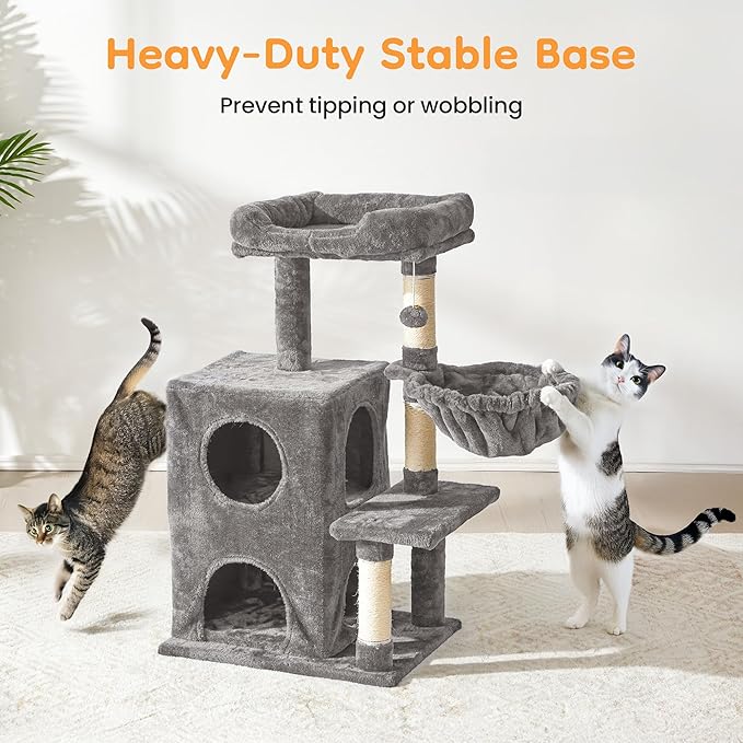 Multi-Level Cat Tree Tower for Large Cats with Scratching Posts, Condos, Perch, Hammocks & Toys, Cat Jungle Gym for Indoor Cats, Ideal for Multi-Cat Households, Gray