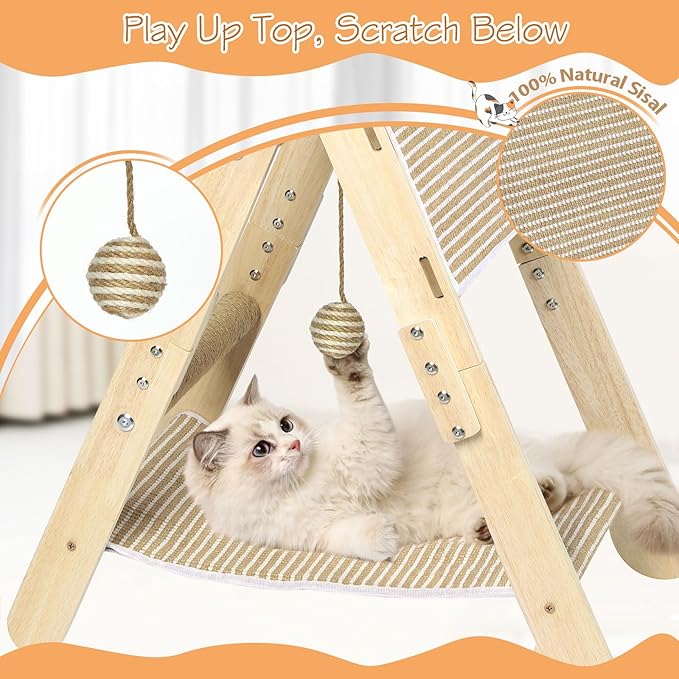 4 In1 Cat Scratching Post Triangular Cat Scratcher for Indoor Cats Kittens, Vertical Cat Scratch Board with Jute Cat Bed, Climbing Ramp and Hanging Ball Toy, Foldable Interactive Scratchers