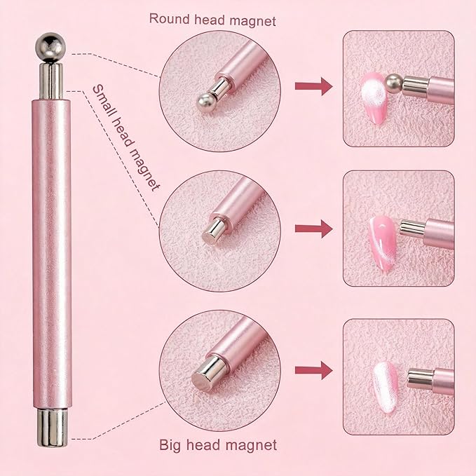 2 Pcs Cat Eye Magnets For Nails, Pink Double-Side Cylinder Nail Magnet With Big Bead Magnet And Black Point Magnet Pen For Cat Eye Gel Polish, Multi-Functional Cateye Magnets For Nails