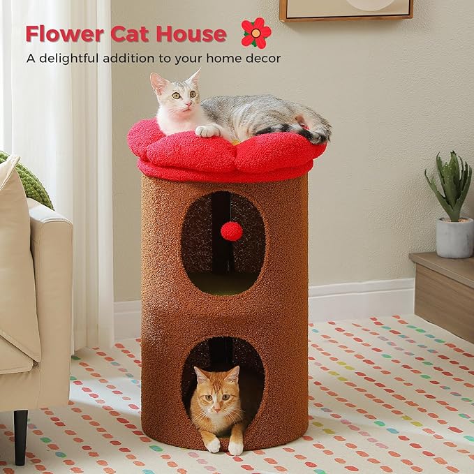 PETEPELA 2-Level Cat Beds for Indoor Cats, Cat Tree House with Removable Flower Bed, Cute Cats Hideaway, Indoor Cat Tree Condo, 20X20X28.7 Inches, Brown