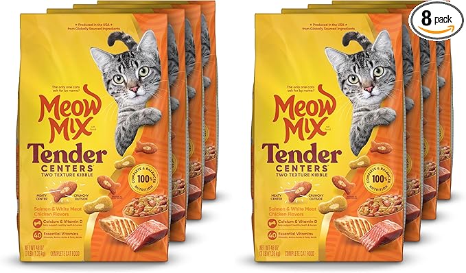 Meow Mix Tender Centers Salmon & White Meat Chicken Flavors Cat Food,3 Pound,Crunchy Outside Meaty Inside,(Pack of 8)
