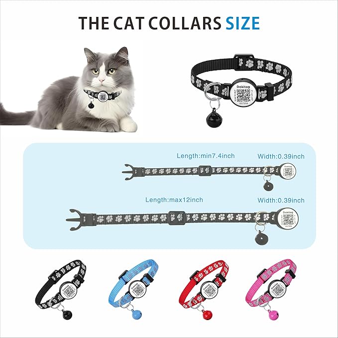 Reflective Cat Collar with QR Code Name Tag,Breakaway Cat Collars with Pet Id Tag and Bells,Scan QR Receive Instant Pet Location Alert Email 2pack (Pink&Black)
