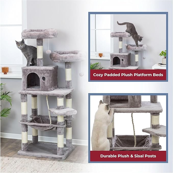 Trixie 56.3" Eduardo Cat Tree, 4-Level Indoor Cat Furniture with Jute Scratching Posts, Plush Condo, Hammock & Platforms, Play Rope and Dangling Ball