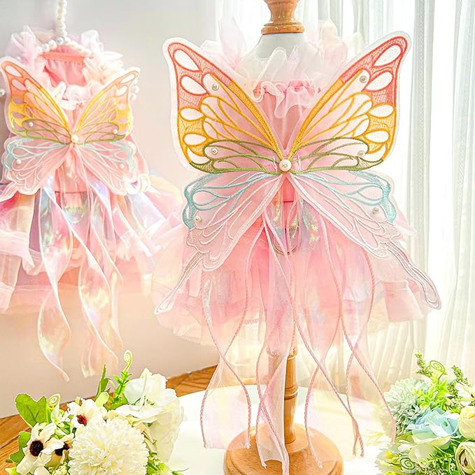 BAMY Butterfly Wings Dog Dress Summer Pet Wedding Skirt Lace Princess Tutu Cute Party Cat Outfit for Small Medium Dogs (Pink, XXL (Chest 27.5inch/ 70cm))