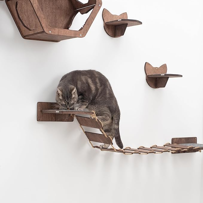 Wood Cat Bridge Cat Steps Cat Bed Wall Cat Toy Rustic Cat Tree Wall Decor Cat Lover Gift New Home Gift Cat Furniture Wall (Dark Walnut, Bridge & 3 steps)