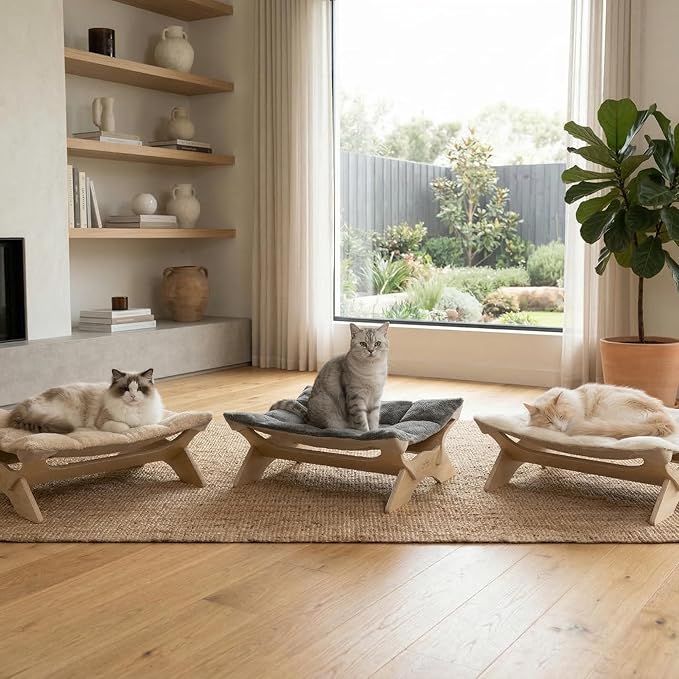 JSPYFITS Elevated Cat Bed Hammock, Raised Orthopedic Dog Bed with Dual-Sided Plush & Linen Cushion, Modern Cat Furniture for Medium to Large Cats, Easy Assembly(Beige)