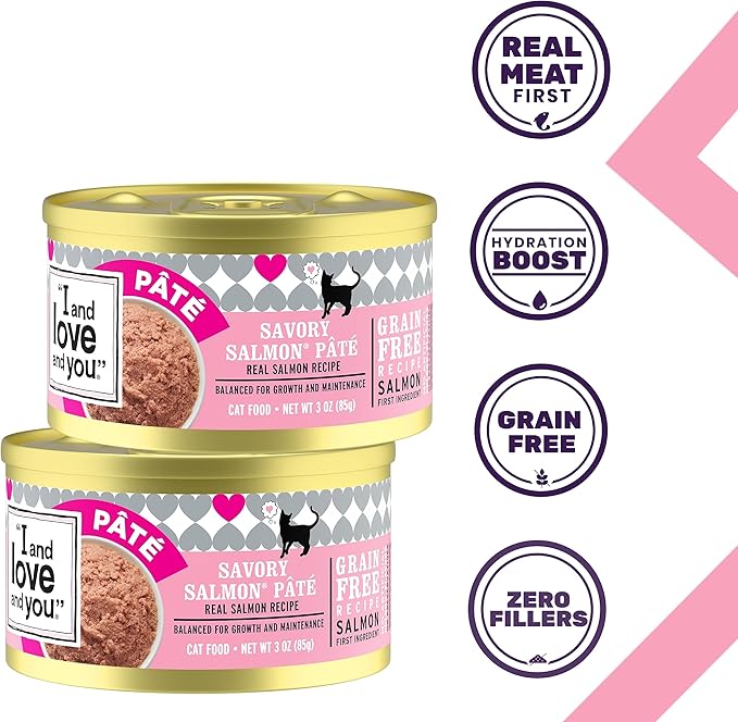 I AND LOVE AND YOU Wet Cat Food - Savory Salmon Pâté - Salmon Recipe, Grain Free, Filler Free, 3oz Pack of 4 Cans