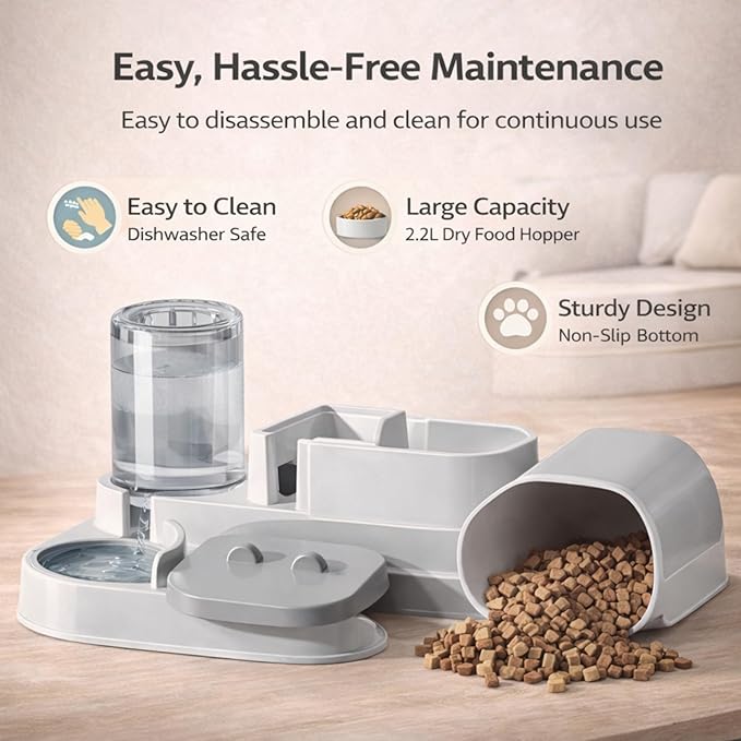 Automatic Dog Cat Feeder – 2-in-1 Cat Food and Water Bowl Set & Dog Food and Water Bowl Set, 800ml + 2.2L Gray