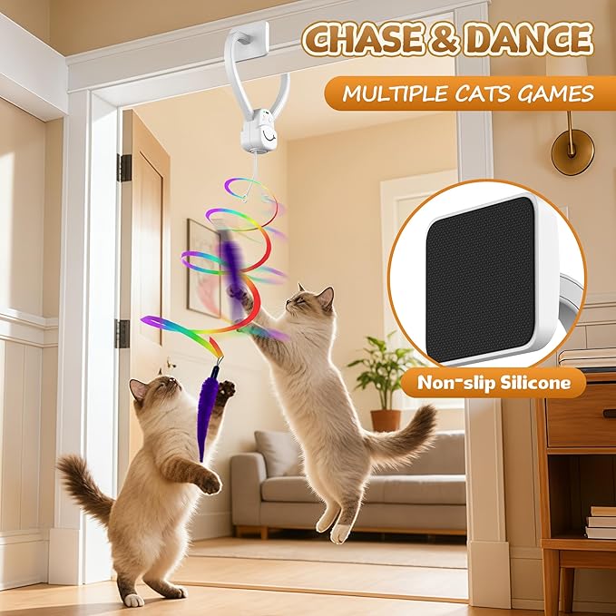 Interactive Cat Toy for Indoor Cats, Automatic Hanging Door Frame Toy with Feather & Mouse, 360° Rotating, USB Rechargeable Self Play Kitten Toy for Hunting Instinct, Cat Boredom Relief