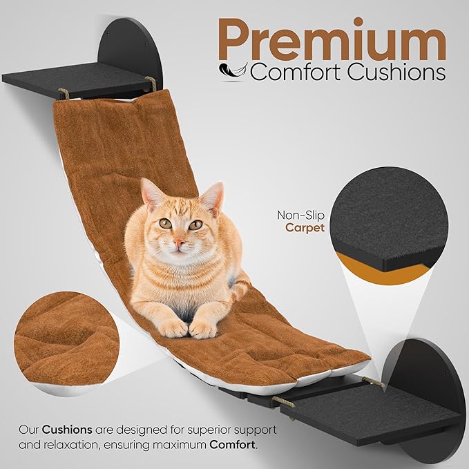 Cat Wall Shelves & Perches – 7-in-1 Cat Wall Furniture Set with Bed, Climbing Steps, Scratcher & Bridge Ladder – Black Bamboo Wall Cat Shelf for Indoor Cats