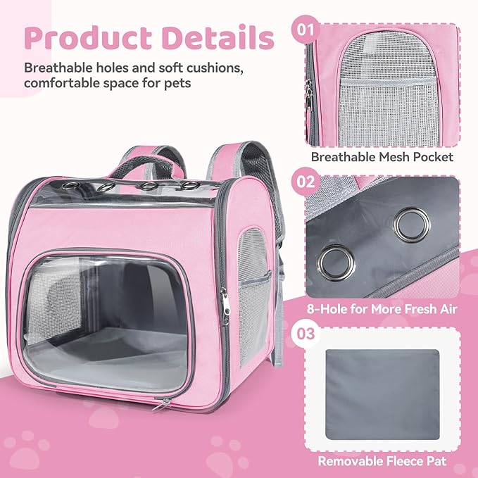 Innovative Traveler Backpack Pet Carriers Cat Backpack with Breathable Mesh Puppy Travel Carrier with Soft Padded Reinforced Support Foldable Small Dog Carrying Backpack for Kitty up to 15lbs (Pink)