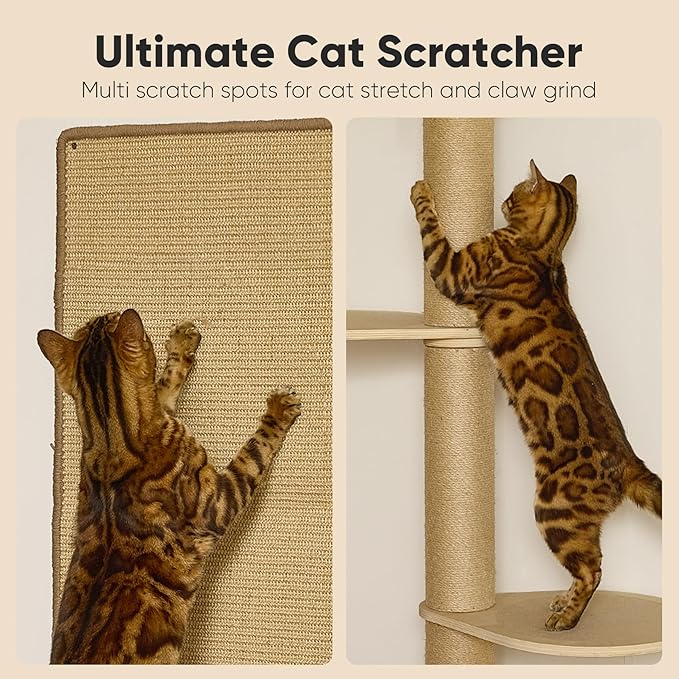FUKUMARU Cat Wall Shelves, 4 in 1 Stable Wooden Wall-Mounted Furniture Set, Climbing Tree with Hammock, Bed, Perch and Scratching Mat (Beige)