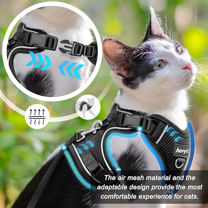 Cat Harness, Cat Harness and Leash for Walking, Adjusted in Four Directions and Breathable Cat Harness for Anti Escape that can be Fitted and Positioned, Reflective Strips Harness, Black, M
