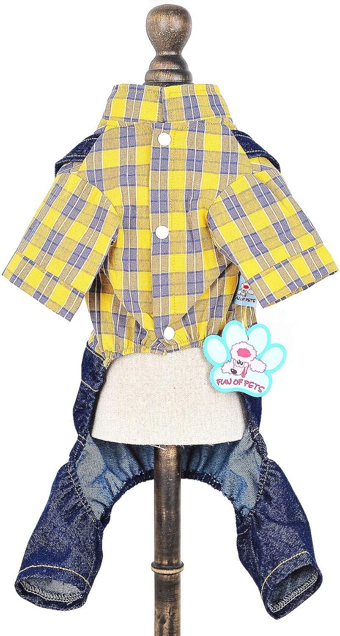 SMALLLEE_LUCKY_STORE Pet Clothes Costume Puppy Denim Overalls for Small Medium Dogs Cats Boys Bowtie Plaid Shirt Jeans Pants Outfits Chihuahua One Piece Jumpsuit,Yellow S