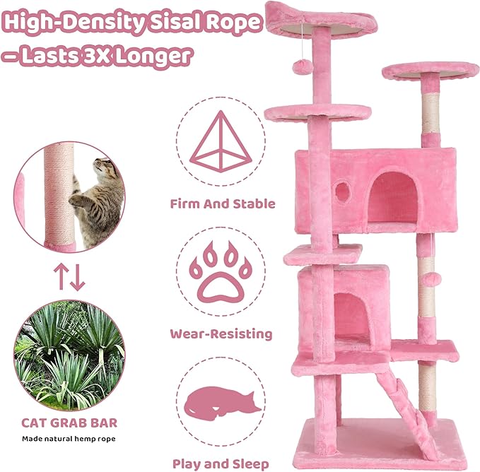 Cat Tree Tower 54" Tall - Indoor Cat Tree with Sisal-Covered Scratching Posts, Cozy Condo, Hammock, Dangling Toy & Expanded Perch Platform - Cat House Furniture for Large Cats - Pink