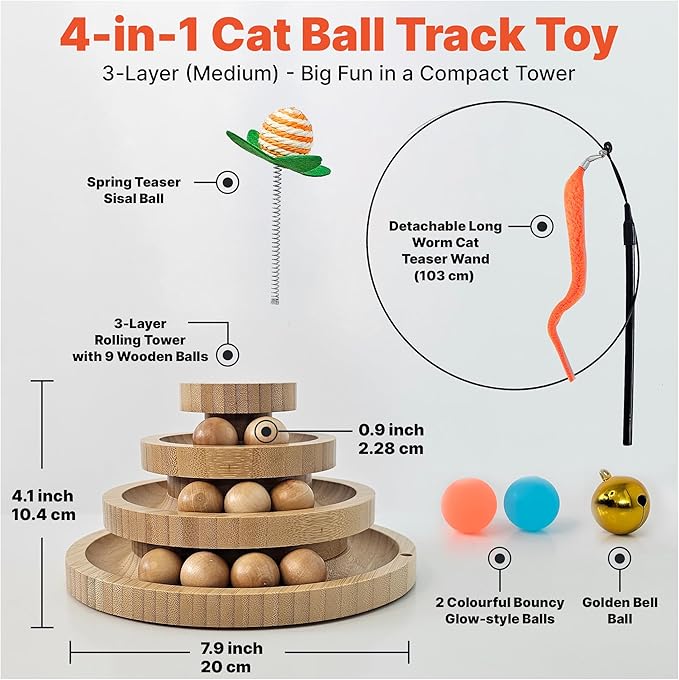 Cat Toy Ball Track with 2 Teasers, 3-Level Cat Ball Tower, 4-in-1 Kitty Toys, 9 Wooden Balls, Worm Wand, Spring Teaser Ball, 2 Glow Balls, Kitten Toy Interactive, Mental Physical Exercise, Medium Size
