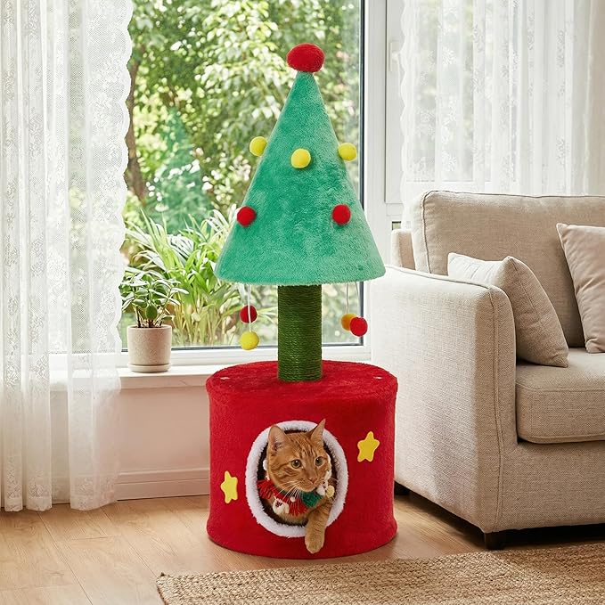 Cat Tree Tower for Indoor Cats, Cat Tree Small with Sisal Scratching Posts and Cozy Cat Bed, Multi-Functional Cat Furniture for Kittens and Adult Cats，Green&Red