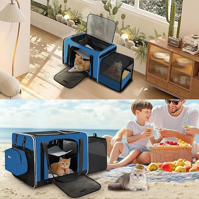 Petskd Side Expandable Extra Large Cat Carrier with Litter Box Area, 24"x17"x17" Soft-Sided Pet Carrier for 2 Cats Under 55 lbs with Zipper Locks for Car Travel(Prussian Blue)