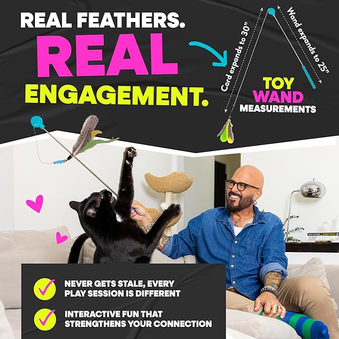 Jackson Galaxy Gotcha! Cat Wand Toy - Retractable Cat Toy for Engaging Play - Telescoping Wand with Natural Feathers for Indoor Cats - Foundational Tool for Cat Wellness and Interactive Bonding Play