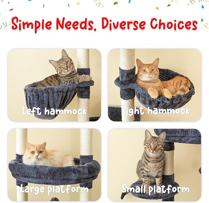 Cat Tree, Floor to Ceiling Cat Tower Adjustable Height [92.9-102.4in=235-258cm], 7 Tiers Cat Climbing Play House with Scratching Post, Cozy Condo&Hammocks for Indoor Cats, Smoky Grey