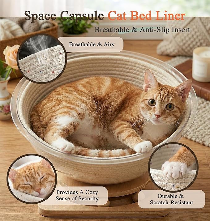 Cotton Rope Cat Bed Mat for Space Capsule, 13.8" Breathable Round Nest Liner, All-Season Warm & Cooling Pet Pad, Washable Scratch-Resistant Bedding for Cat Tree & Clear Bowl