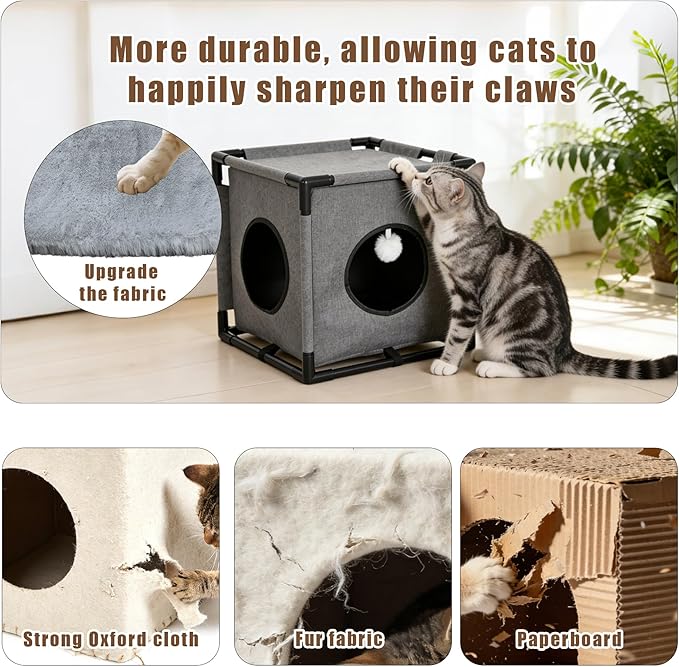 2-Story Cat House for Indoor Cats - Large Cat Cave Bed with Soft Velvet Pad and Fluffy Ball，Stable and Easy to Assemble Kitty Fort, Muti-Functional Cat Condo， Grey
