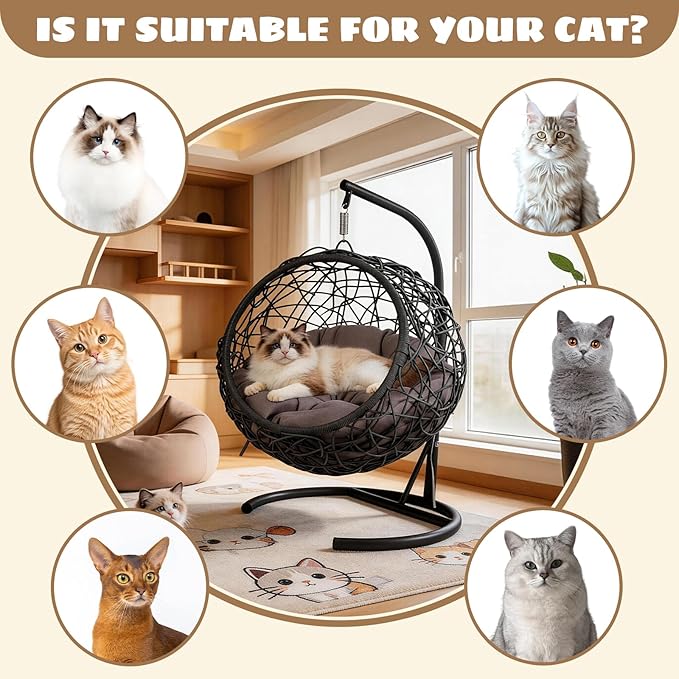 Hanging Cat Swing Bed with Stand & Cushion – Rattan Wicker Egg Chair for Cats, Small Dogs & Pets, Indoor Swinging Bed, Cozy Resting Spot, Modern Design (Gray+ HDPE)