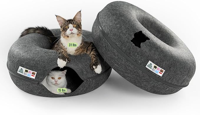 Cattasaurus Peekaboo Cat Cave Duo Jumbo Set, Extra Spacious Cat Donut for Multiple & Large Kitty 15+ lbs, Scratch Detachable Cat Beds for Indoor Cats, Washable Cat Tunnel Bed, Best Kitten Toys
