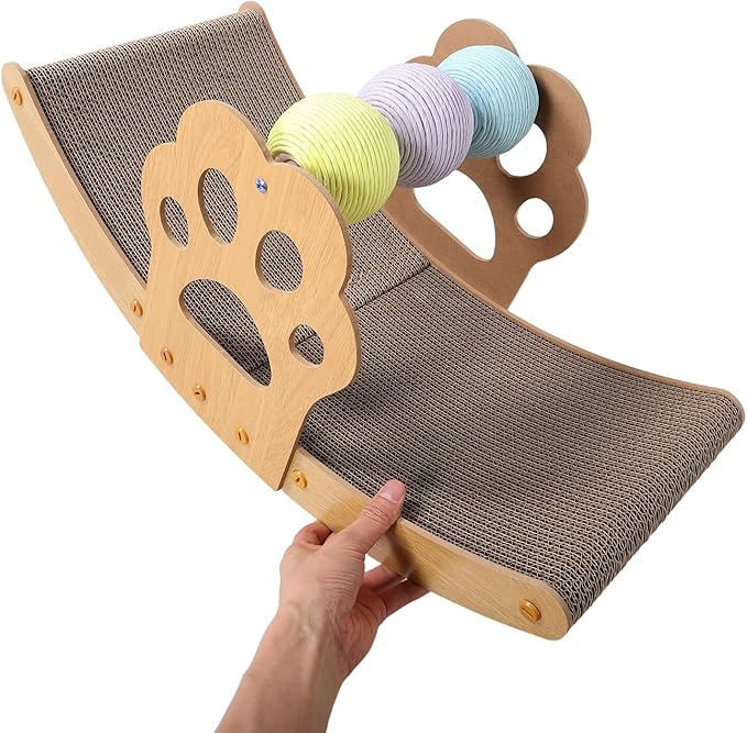 Kisangel Rocking Cat Scratching Lounger Bed with Colorful Balls Scratch-Resistant Cardboard Pad for Indoor Cats and Resting Furniture