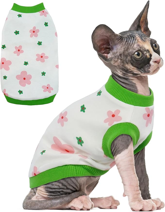 PUMYPOREITY Sphynx Cat Clothes: Stretchy Sweater, Soft Hairless Shirt, Pullover Pajamas, Turtleneck for Cornish Rex, Devon Rex - Green, L
