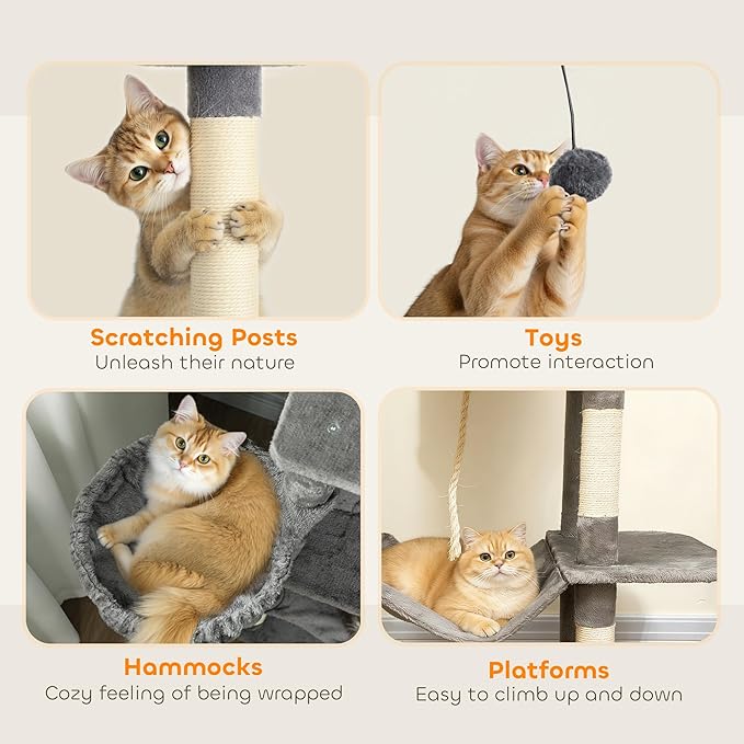 PawHut Cat Tree, 80" Large Cat Tower for Indoor Kittens with 2 Spacious Condos, Sisal Scratching Posts, 2 Hanging Balls, Comfy Hammock, Perches, Bed, Dark Gray