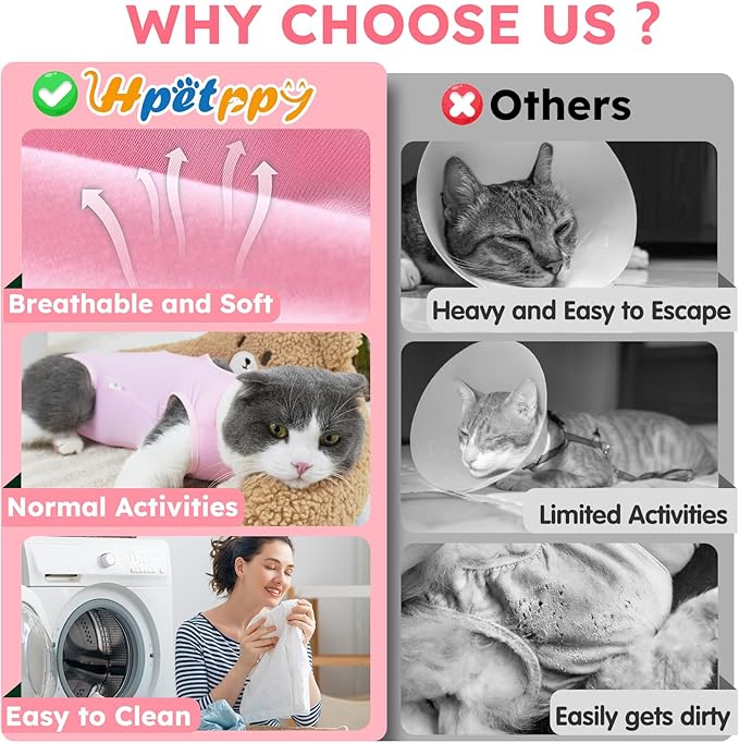 Hpetppy Cat Recovery Suit, Breathable Cat Surgery Recovery Suit Female, Cat Onesie for Cats After Surgery Spay Surgical Abdominal Wound Skin Diseases Cone of Shame Alternative (Pink,S)