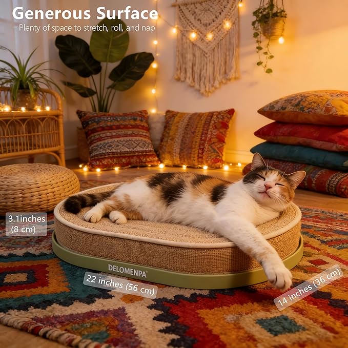 Large Sisal Cat Scratcher Lounge, 2-in-1 Cat Bed with Durable Base & Plush Foam Cushion, Non-Shedding Cat Scratching Pad for Indoor Cats, 22"x14" Oval Nest, No Mess Furniture Protector
