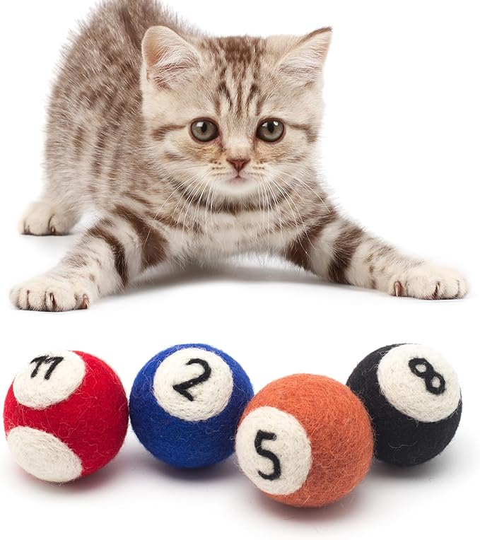 Glaciart One Wool Pool Ball Cat Toy – 4 Pcs with Catnip - Soft Fuzzy Enrichment 100% Natural Felt Cat Toy - Interactive Play Set - Safe for Pets, Non-AZO Colored Dyes – 1.5”