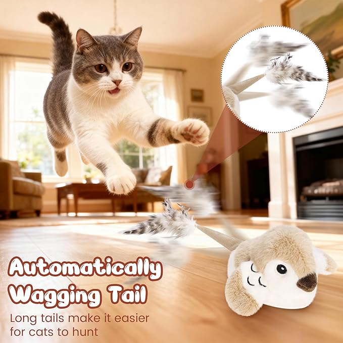 Pawingcat Moving Cat Toy Automatic Cat Toys Interactive Bird Cat Toy with Catnip Toys Wagging Tail Chirp Tweet Rechargeable Interactive Kitten Toy（No Flying Bird）