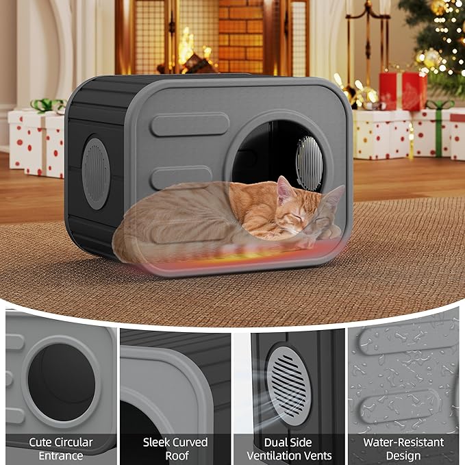 Cat Houses for Outdoor Indoor Cats, Insualted Outdoor Cat House Weatherproof with Camera-Shaped Design, Sturdy Resin Shelter for Patio,Garden Grey