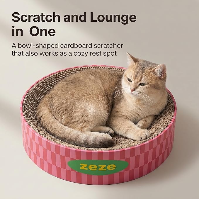 ZEZE Round Cat Scratcher Bed — Durable Corrugated Cardboard Cat Lounge, Scratch & Sleep Bowl Shape Cat Bed, Cozy Curved Design, Minimal Mess, Sturdy Edge Support (Retro Sweetheart)