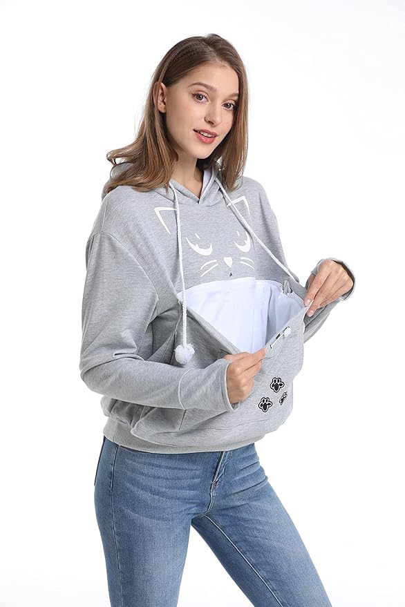 ALYC Unisex Hoodies Pet Holder Cat Dog Kangaroo Pouch Carries Pullover with Cat Printing Sweatshirt (Light Grey, L)
